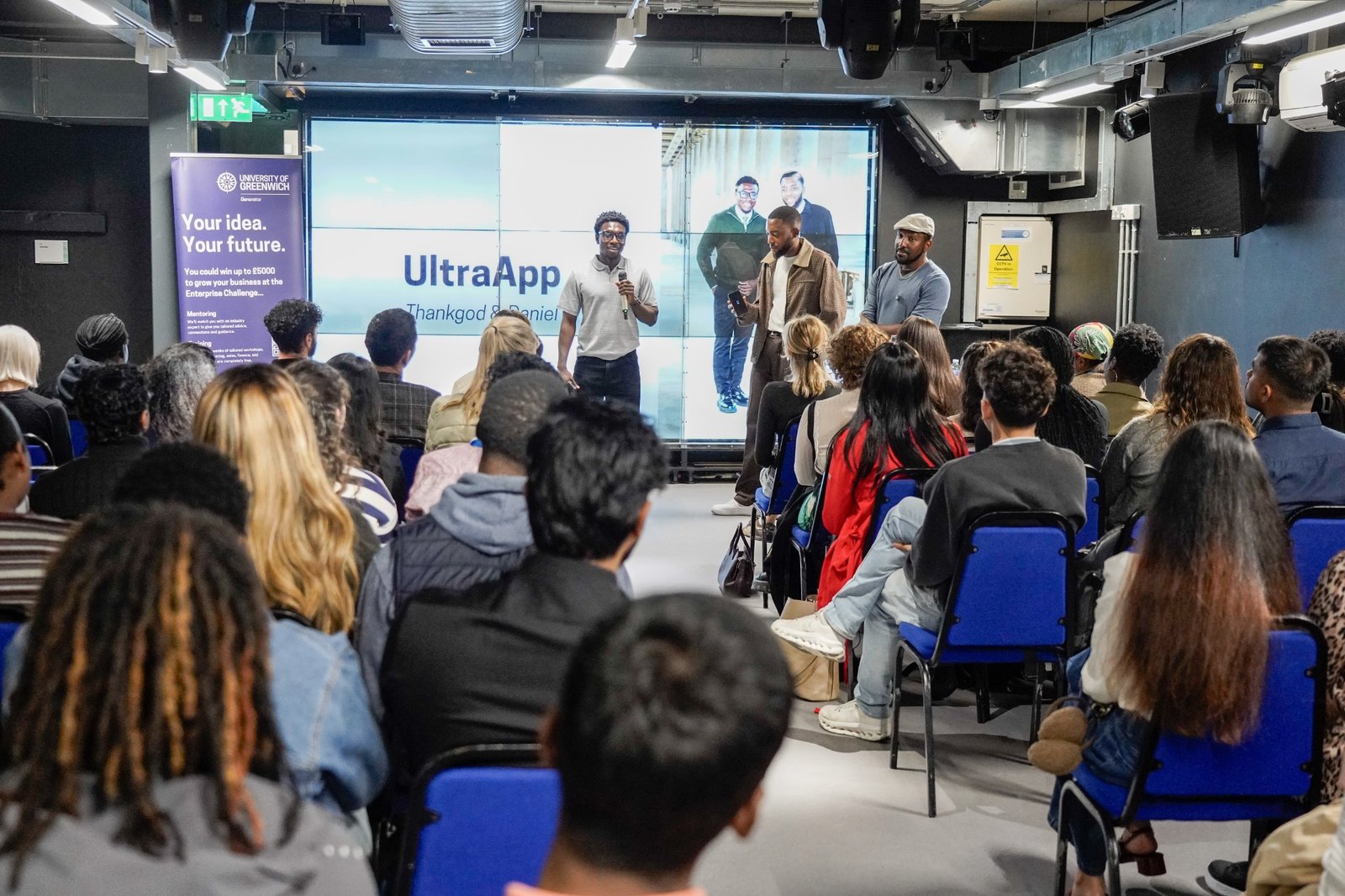 UltraApp founders speaking about their business at the Enterprise Challenge launch event.